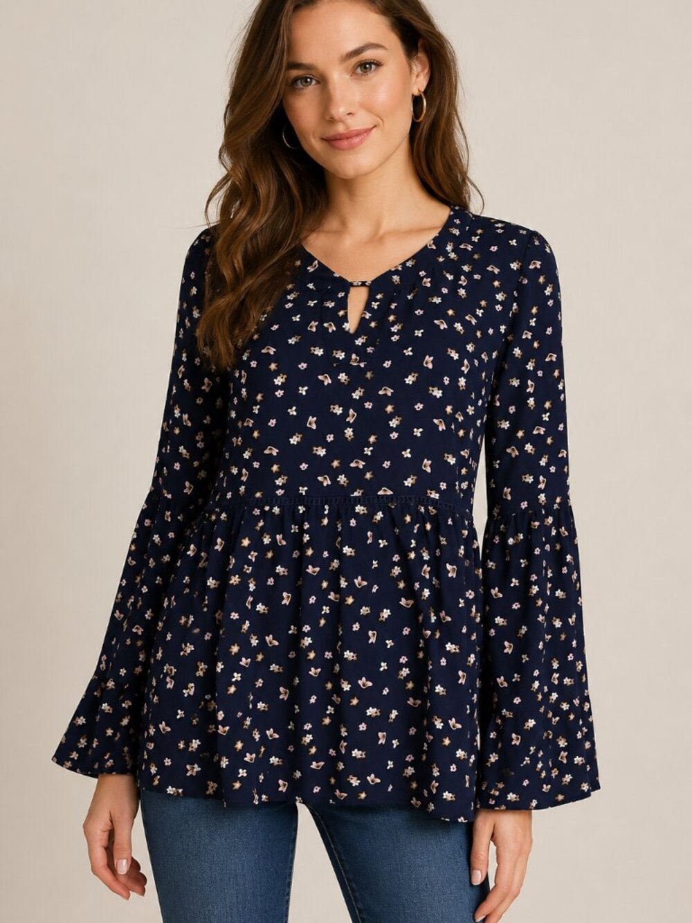 Copper Key Navy Floral Bell Sleeve Peplum Blouse Women’s S